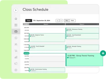 A collage showing Mindbody scheduling tools for sports facilities