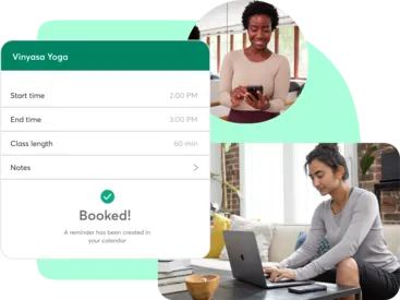 A collage showing Mindbody booking features for yoga businesses
