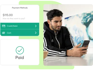 A collage showing Mindbody payment processing for yoga businesses
